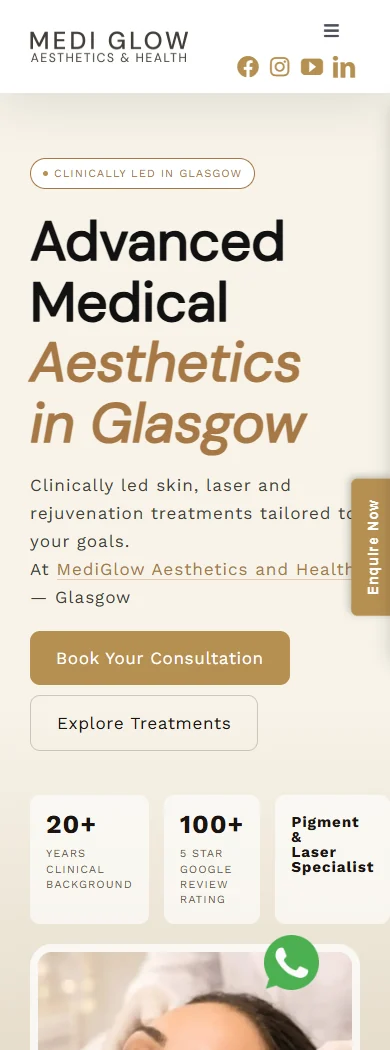 MediGlow website displayed on mobile