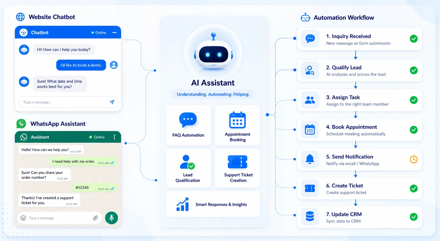 Illustrated AI chatbot and connected automation workflow