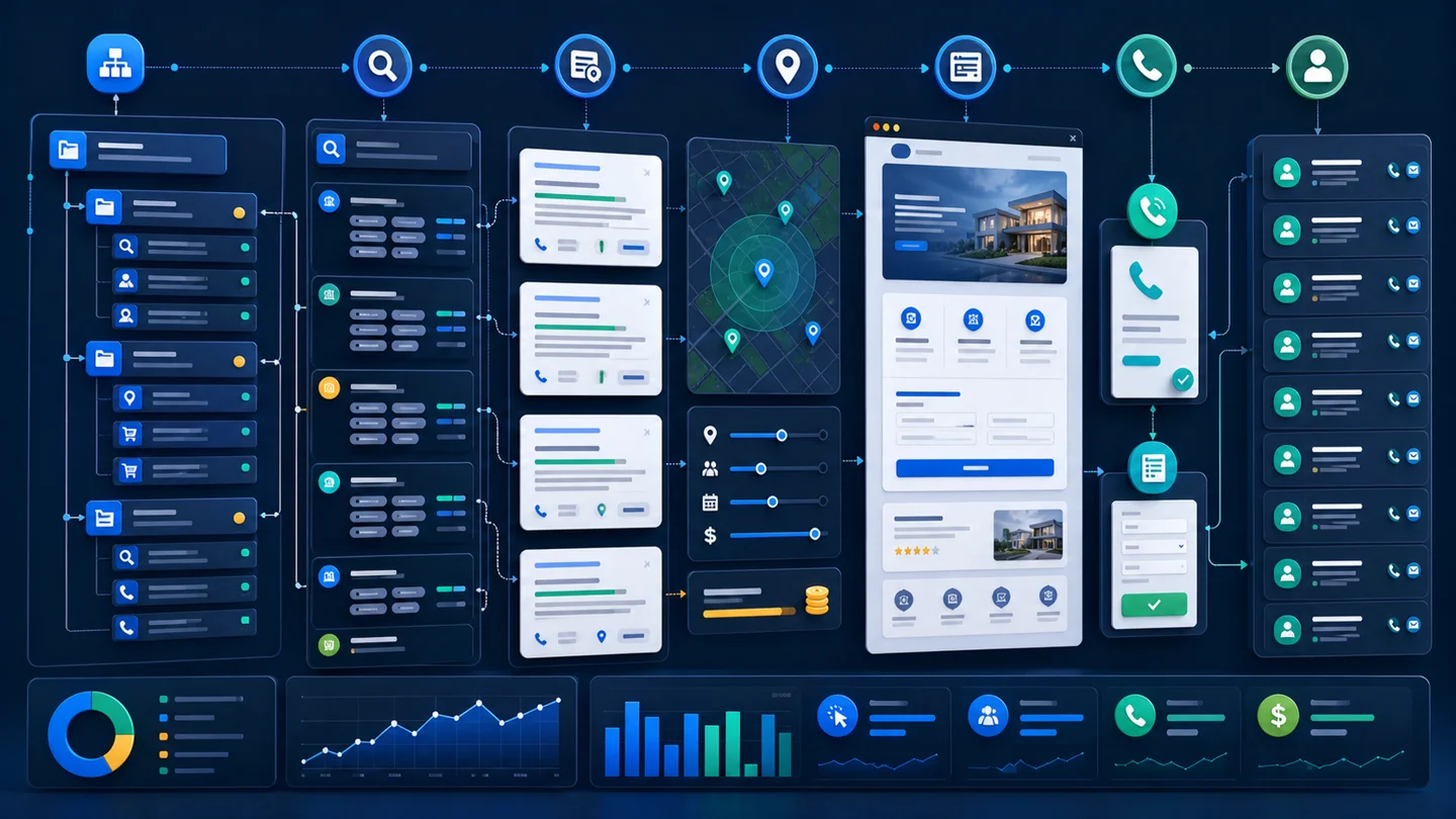 PPC lead generation workflow showing keyword clusters, campaign structure, search ad cards, location targeting, landing page conversion path, call leads, lead forms, and customer inquiry records