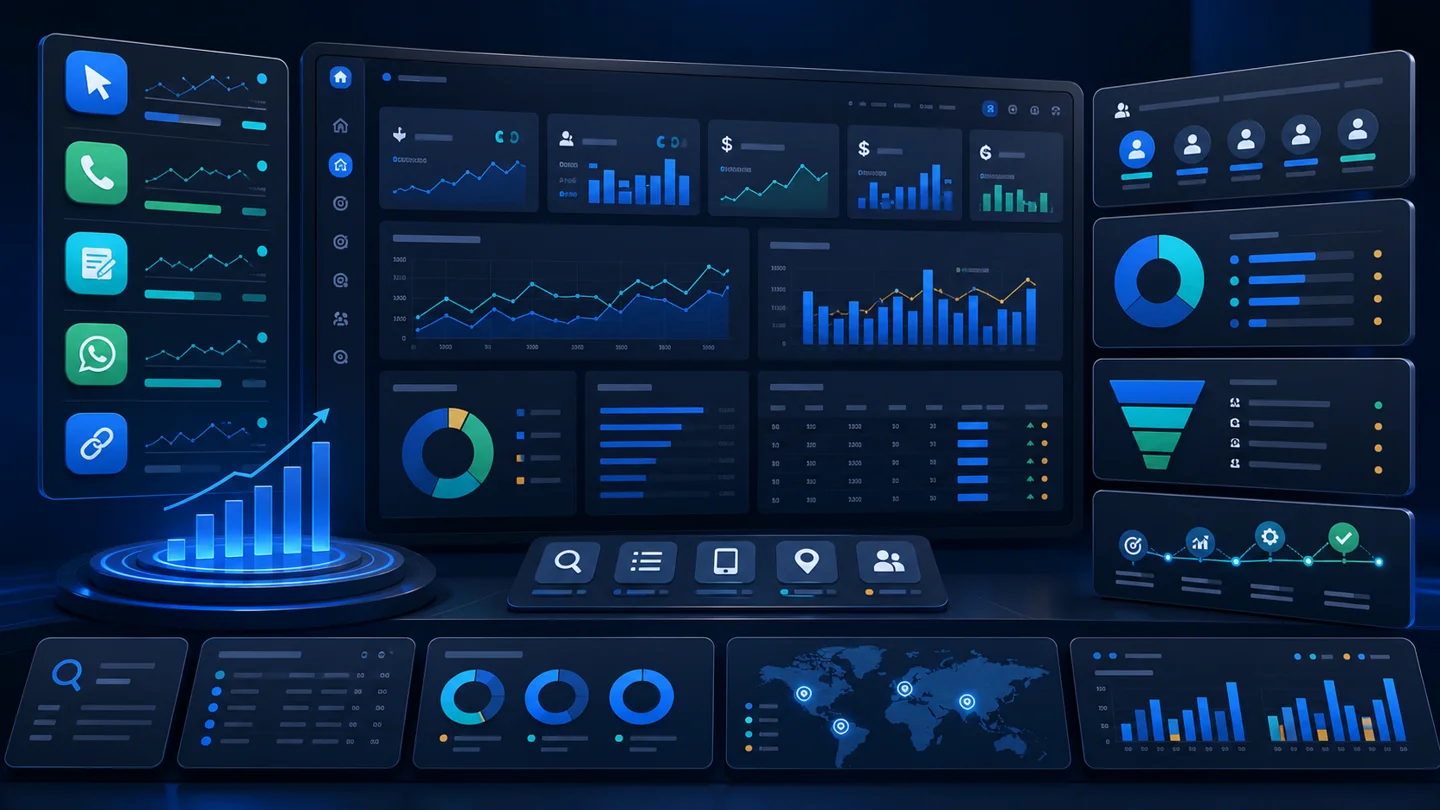 PPC conversion tracking and reporting dashboard showing phone clicks, form submissions, WhatsApp clicks, cost per lead, campaign charts, remarketing audiences, device performance, location performance, and optimization roadmap