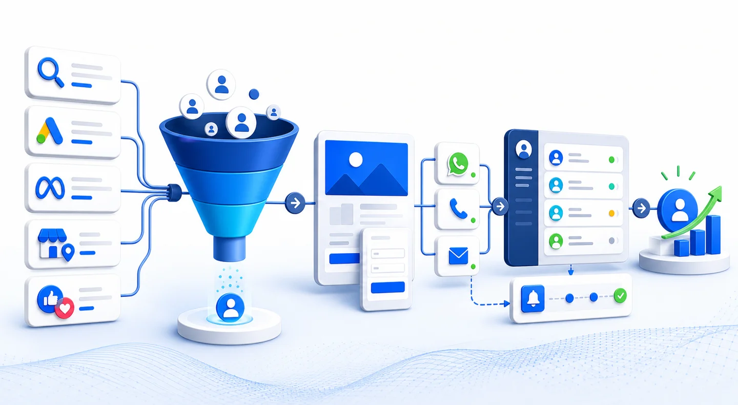 Lead generation funnel workflow connecting SEO, Google Ads, Meta Ads, local search, landing pages, WhatsApp, calls, CRM, follow-up, and conversions