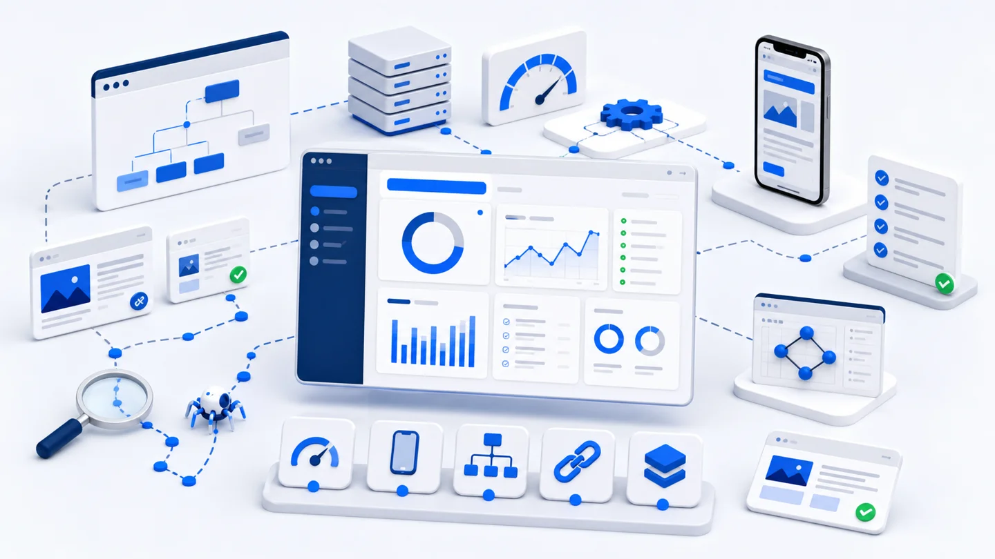 SEO audit and technical optimization dashboard with crawl map, website architecture, page speed panels, mobile usability, sitemap nodes, broken-link fixes, and structured data modules