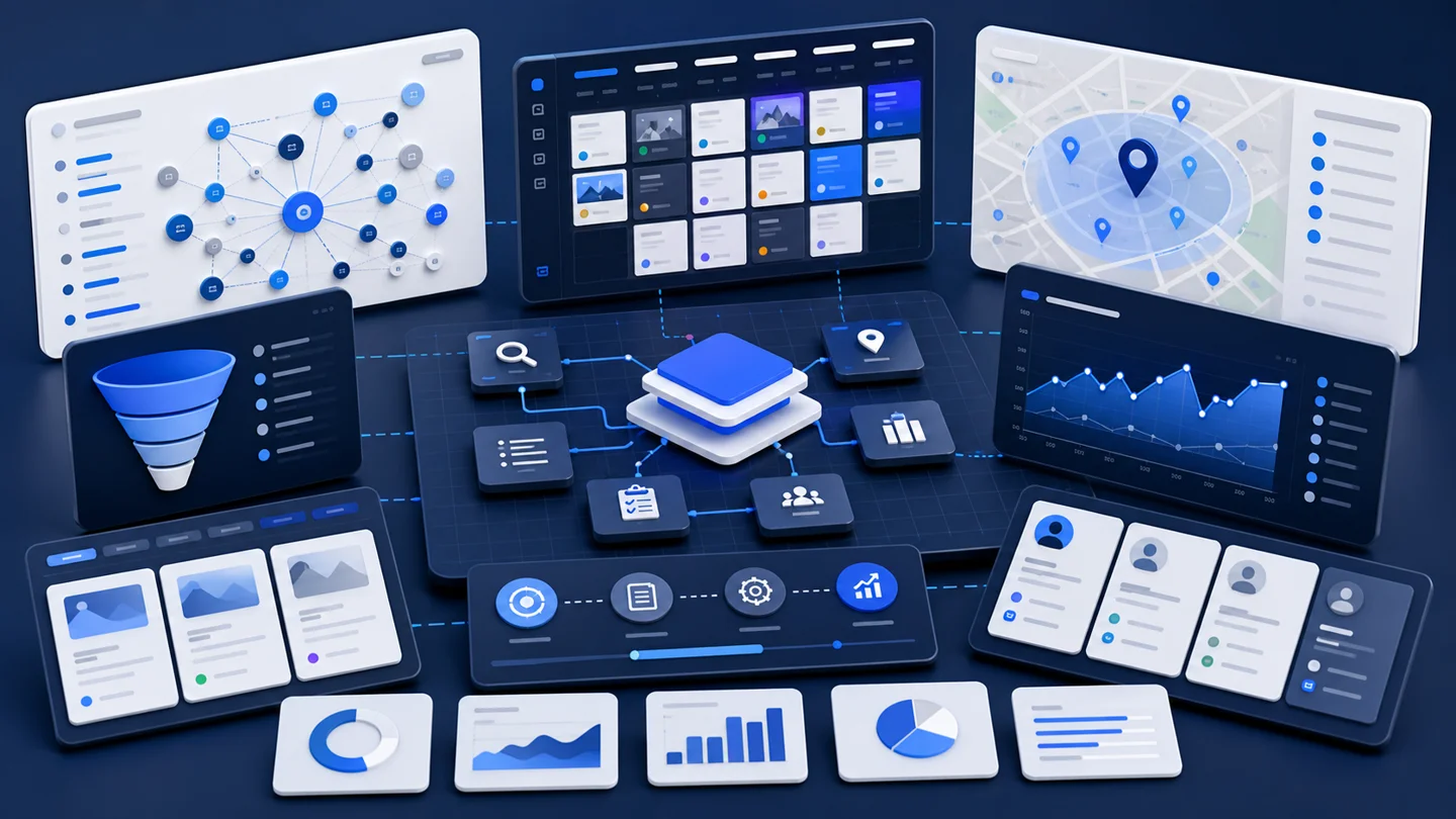 SEO keyword strategy and reporting dashboard with keyword clusters, content planning cards, local visibility panel, organic traffic chart, lead cards, and optimization roadmap tiles