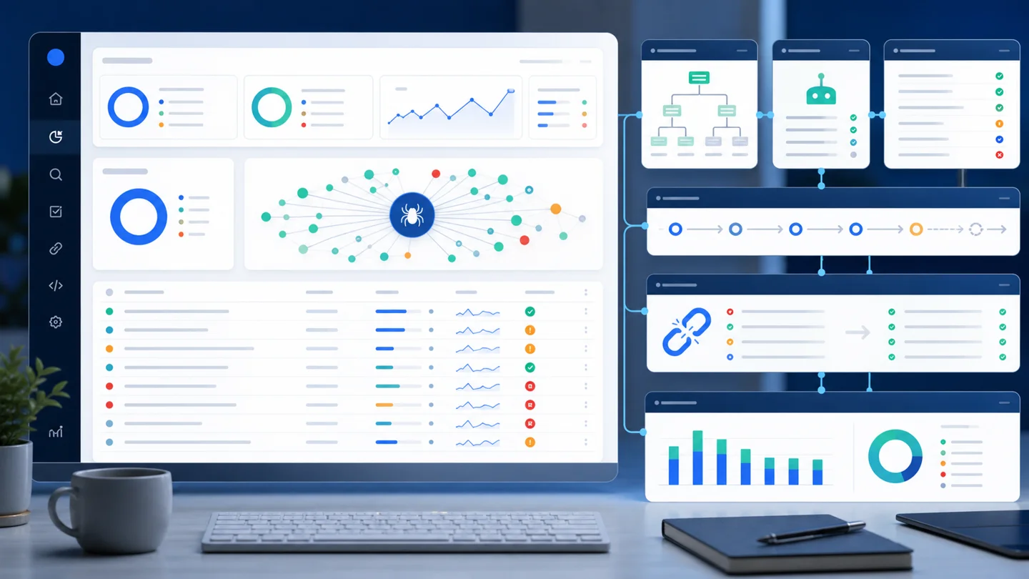 Technical SEO audit workflow with crawl graph, sitemap tree, redirect path, broken link repair cards, index checks, and issue status rows